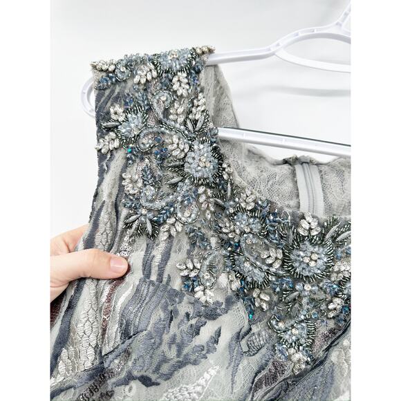 Mac Duggal 67495 Graphite Beaded Jewel Neck Tea Length Dress Size 8 - Picture 4 of 7